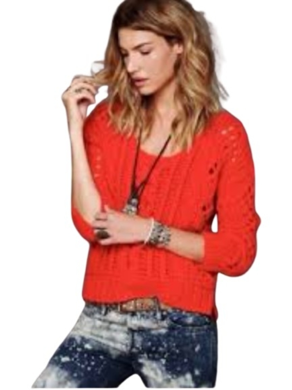 Free People Fluff Wildfire Cable Knit Scoop Neck Sweater Red Orange Size S Soft